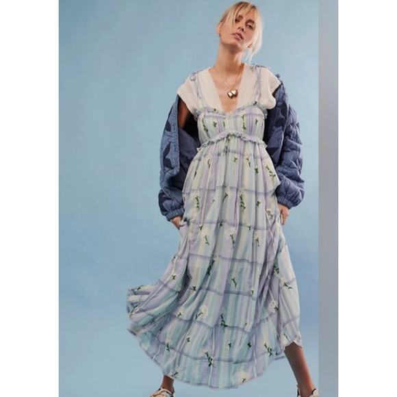 Free People Willow Maxi Dress Striped Embroidered Flowers Blue XS - Picture 4 of 10
